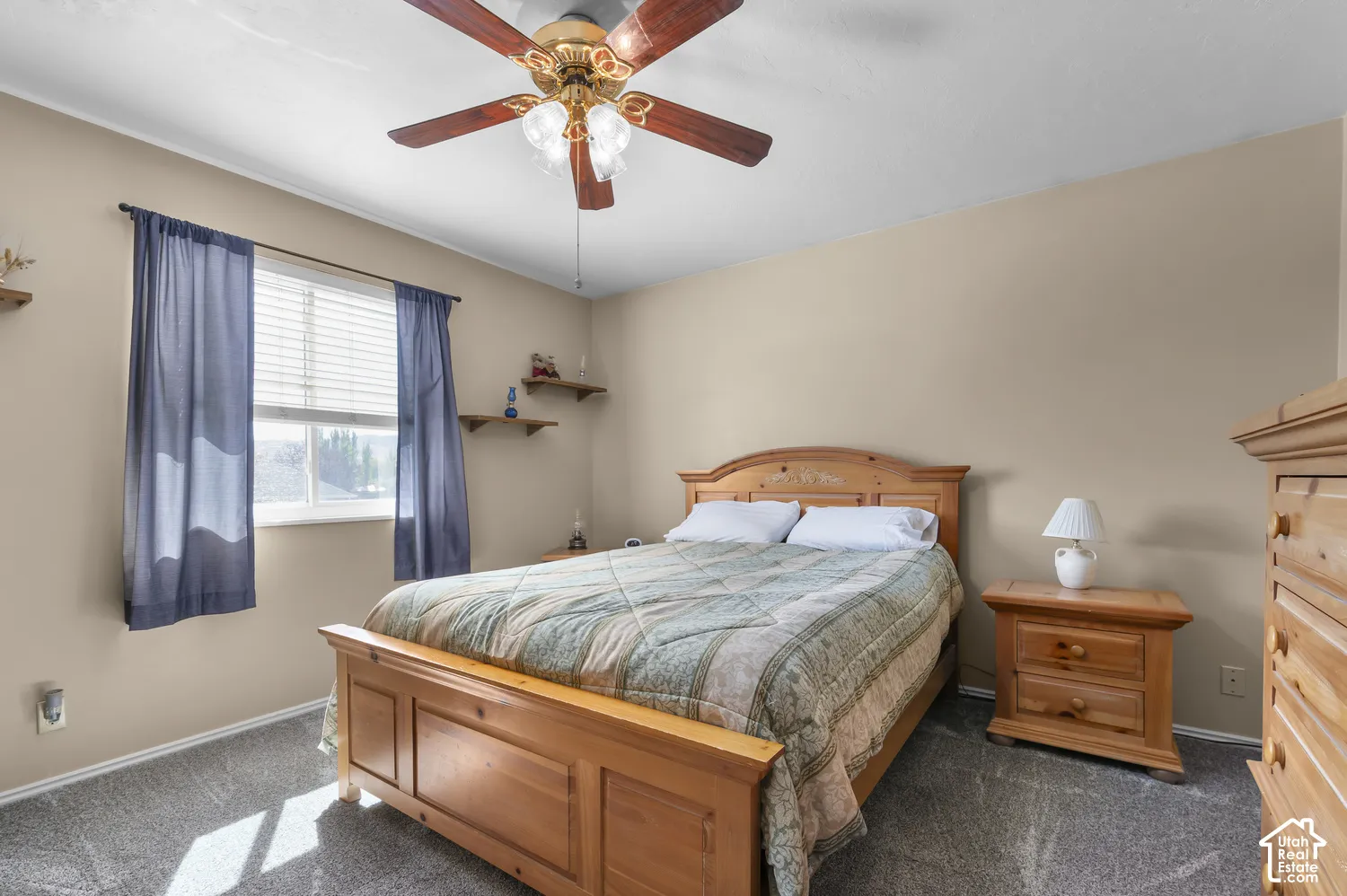 Window with blinds and drapes, ceiling fan with light fixture, wall-mounted shelving, and textured carpeting