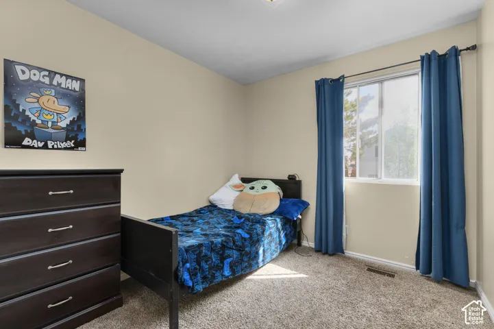 Carpeted bedroom with neutral wall tones and a single window