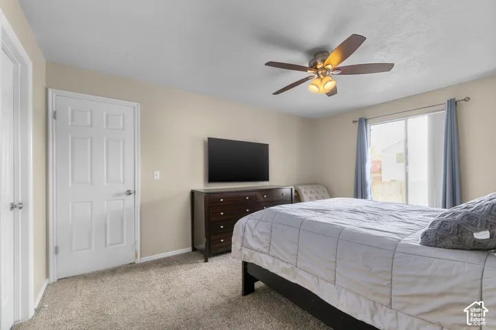 Ceiling fan with integrated lighting, sliding glass door, and neutral-toned carpet