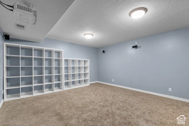 Integrated shelving units, ceiling-mounted projector, wall-mounted speakers, recessed lighting, and textured carpeting
