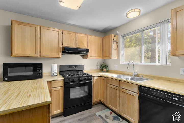 Kitchen featuring light wood-finish cabinetry, black appliances, wood-finish countertops, and dual-basin stainless steel sink with a gooseneck faucet