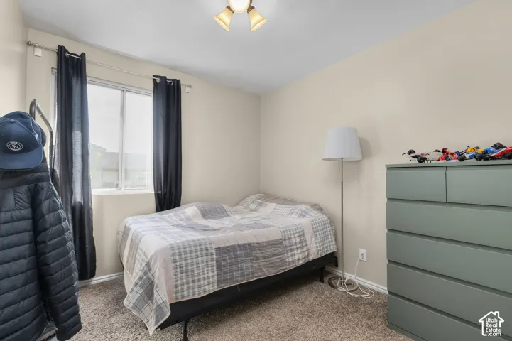 Carpeted flooring, neutral wall tones, window with natural light, and a ceiling-mounted light fixture