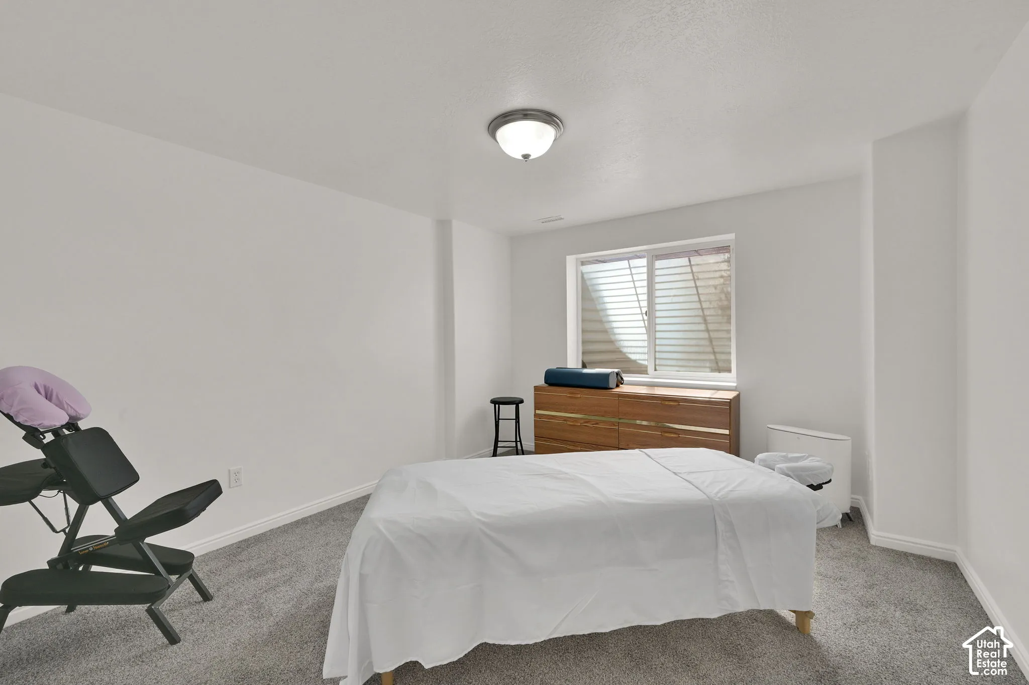 Recessed window, ceiling-mounted light fixture, light-colored walls, gray carpet, and white trim