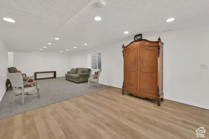 Recessed lighting, wood-finish flooring, light gray carpeting, and a window with horizontal blinds