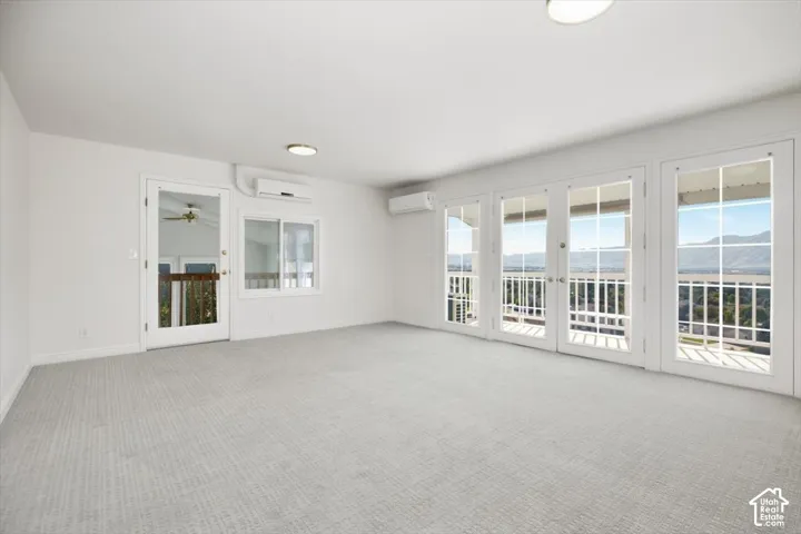 Wall-to-wall carpeting and white walls with multiple sets of glass-paned doors