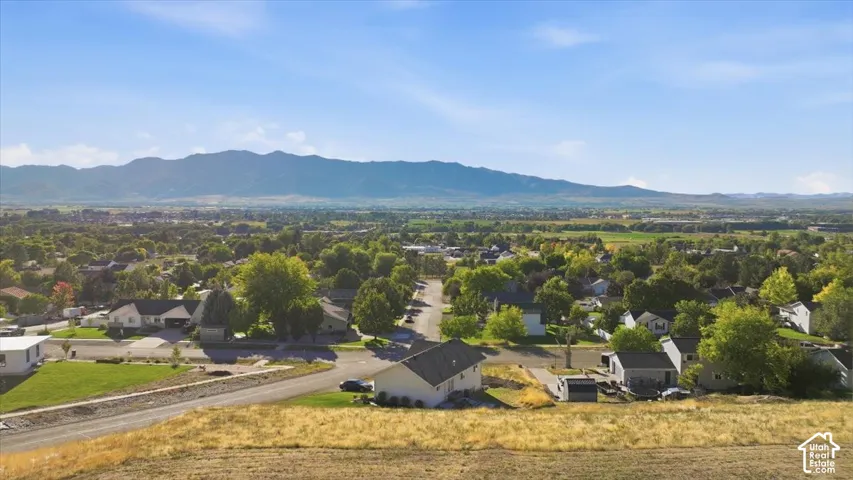 Expansive aerial perspective featuring a residential neighborhood, distant mountains, and varied natural landscaping