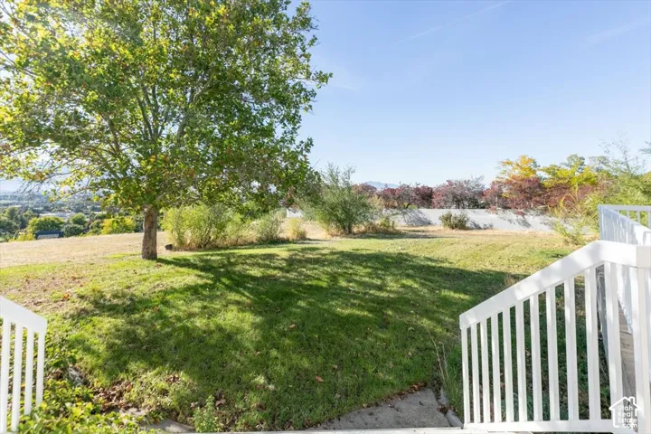 Expansive outdoor space featuring a mature tree, natural landscaping, and white railing