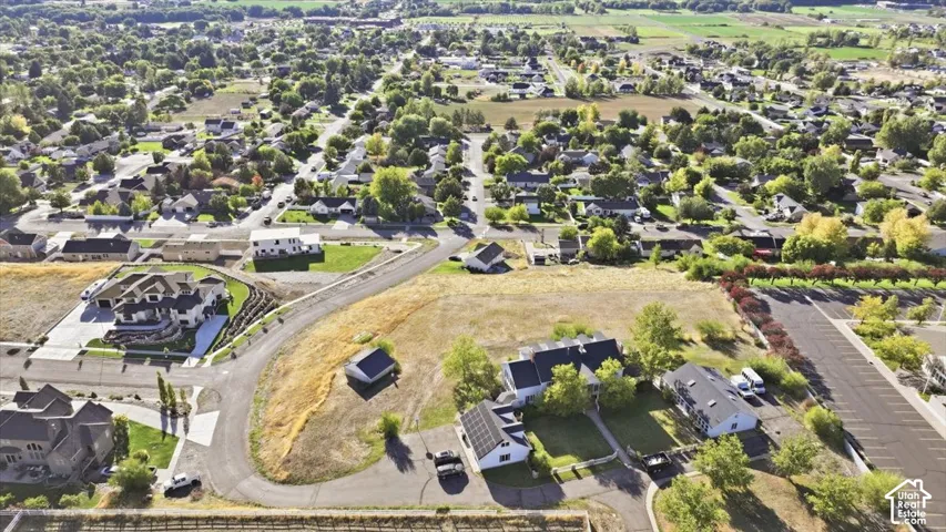 Elevated aerial perspective of a residential area with varied housing styles, mature trees, and open land parcels