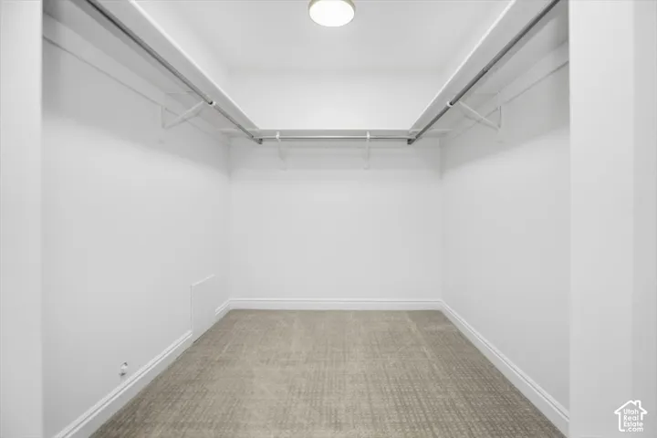 Recessed ceiling light fixture, wall-mounted hanging rods, upper storage shelving, and patterned carpet flooring
