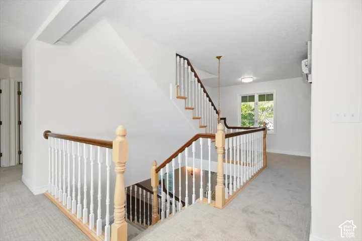 Carpeted landing featuring a white baluster railing with a wood-finish handrail, a double-hung window, and a flush-mount ceiling light