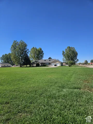 Expansive green lawn with mature trees and a single-story residence featuring a gray roof, light-colored siding, and attached garages