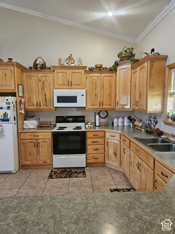 Kitchen featuring light wood cabinetry, a built-in microwave, white electric range, and a double basin stainless steel sink