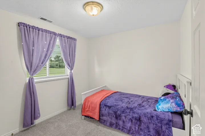 Single window with white blinds, neutral wall paint, and gray carpet