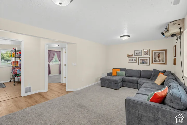 Neutral wall paint, ceiling-mounted light fixtures, wall-to-wall carpeting, wood-finish flooring, and recessed doorways