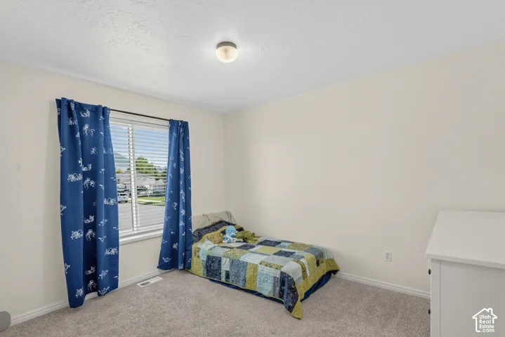 Carpeted room featuring a single window with blinds and a flush mount light fixture