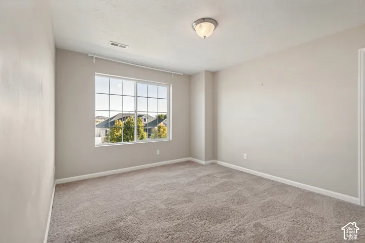 Carpeted flooring, neutral wall tones, transom window, and a flush mount ceiling light