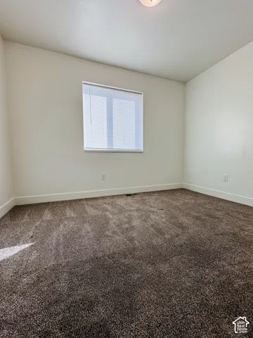 Neutral wall paint, window with blinds, and carpeted flooring