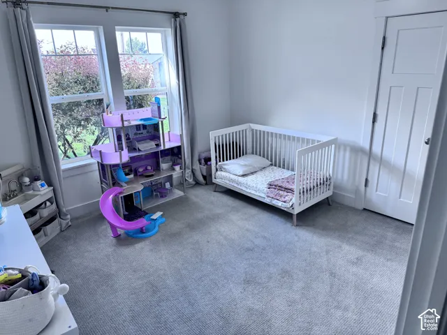 Neutral-toned wall-to-wall carpeting, white trim, and a paneled interior door