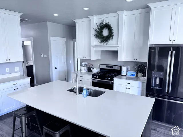 Kitchen featuring white cabinetry, a large center island with an undermount sink, stainless steel appliances, recessed lighting, and wood-finish flooring
