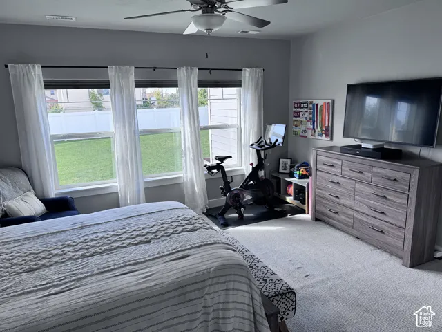 Multiple windows providing natural light, overhead ceiling fan, light-toned wall paint, and carpeted flooring