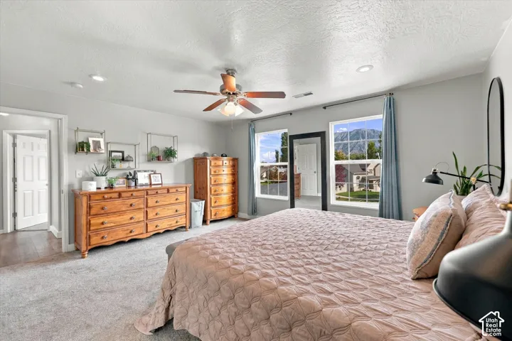 Carpeted room featuring dual windows, a ceiling fan with integrated lighting, and recessed ceiling lights