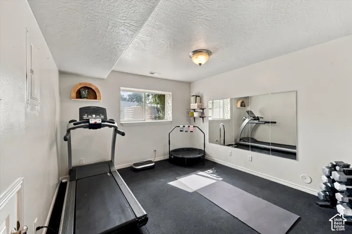 Dedicated exercise area featuring wall-mounted mirrors and resilient flooring