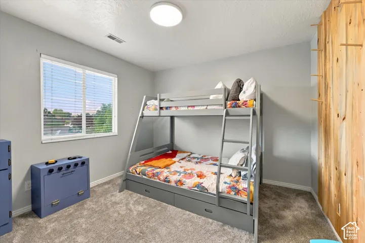 Carpeted flooring, wood-paneled accent wall, a flush-mount ceiling light, and a double window