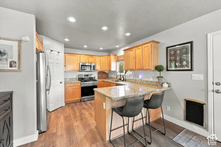 Kitchen featuring wood-finish flooring, recessed lighting, wood cabinetry, stone countertops, and stainless steel appliances