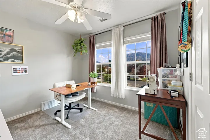 Carpeted room with a ceiling fan, two windows featuring mountain scenery, and a paneled door
