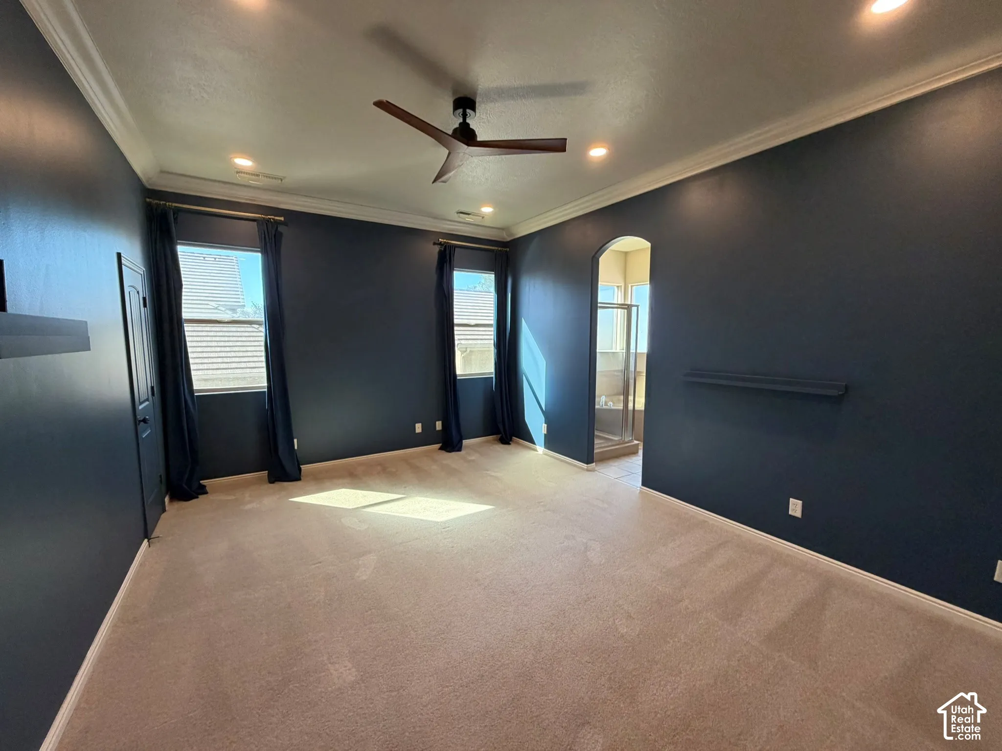 Carpeted flooring, recessed lighting, crown molding, ceiling fan, and arched entryway
