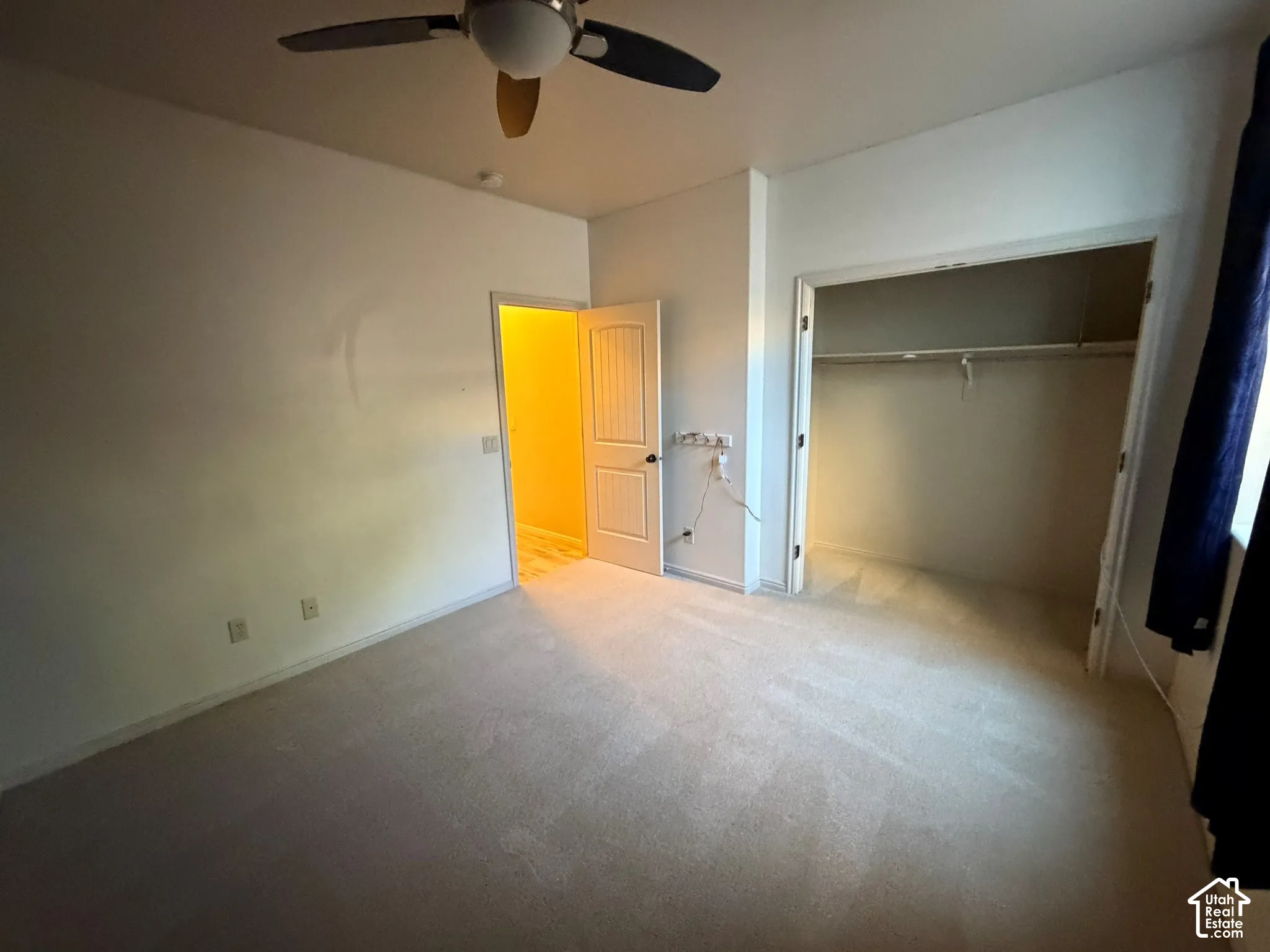 Carpeted room with a ceiling fan, a white paneled door, and an open closet with a hanging rod