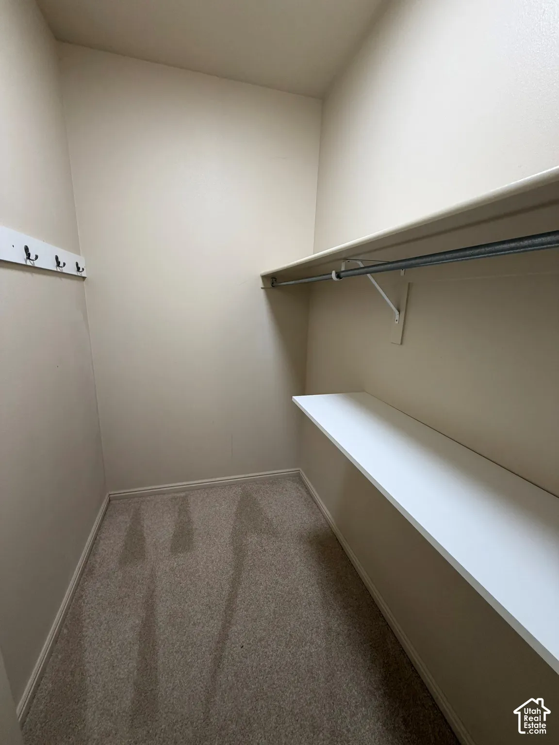 Built-in shelving, integrated hanging rod, wall-mounted hooks, and carpeted flooring