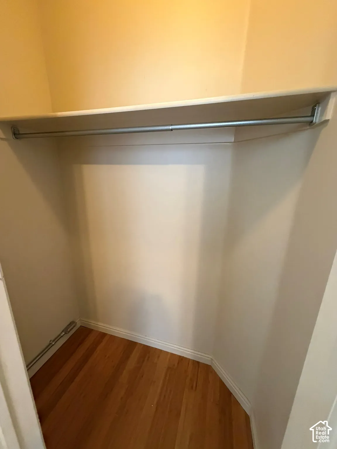 Closet space featuring a built-in shelf, hanging rod, and wood-finish flooring