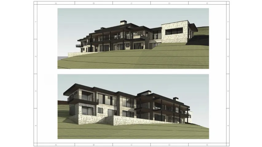 Architectural Rendering. Illustrating exterior views of the property from two distinct angles