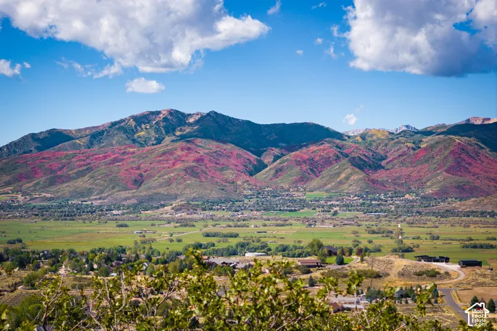 Expansive mountain range backdrop with vibrant foliage