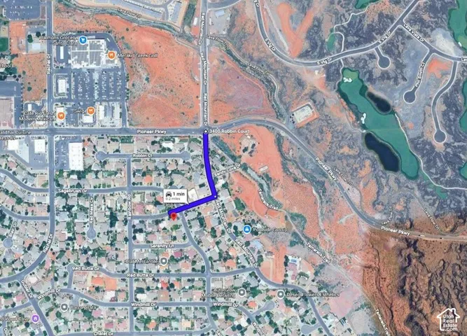 Satellite Map. Depicting a residential area with a highlighted route indicating travel distance and time to the property