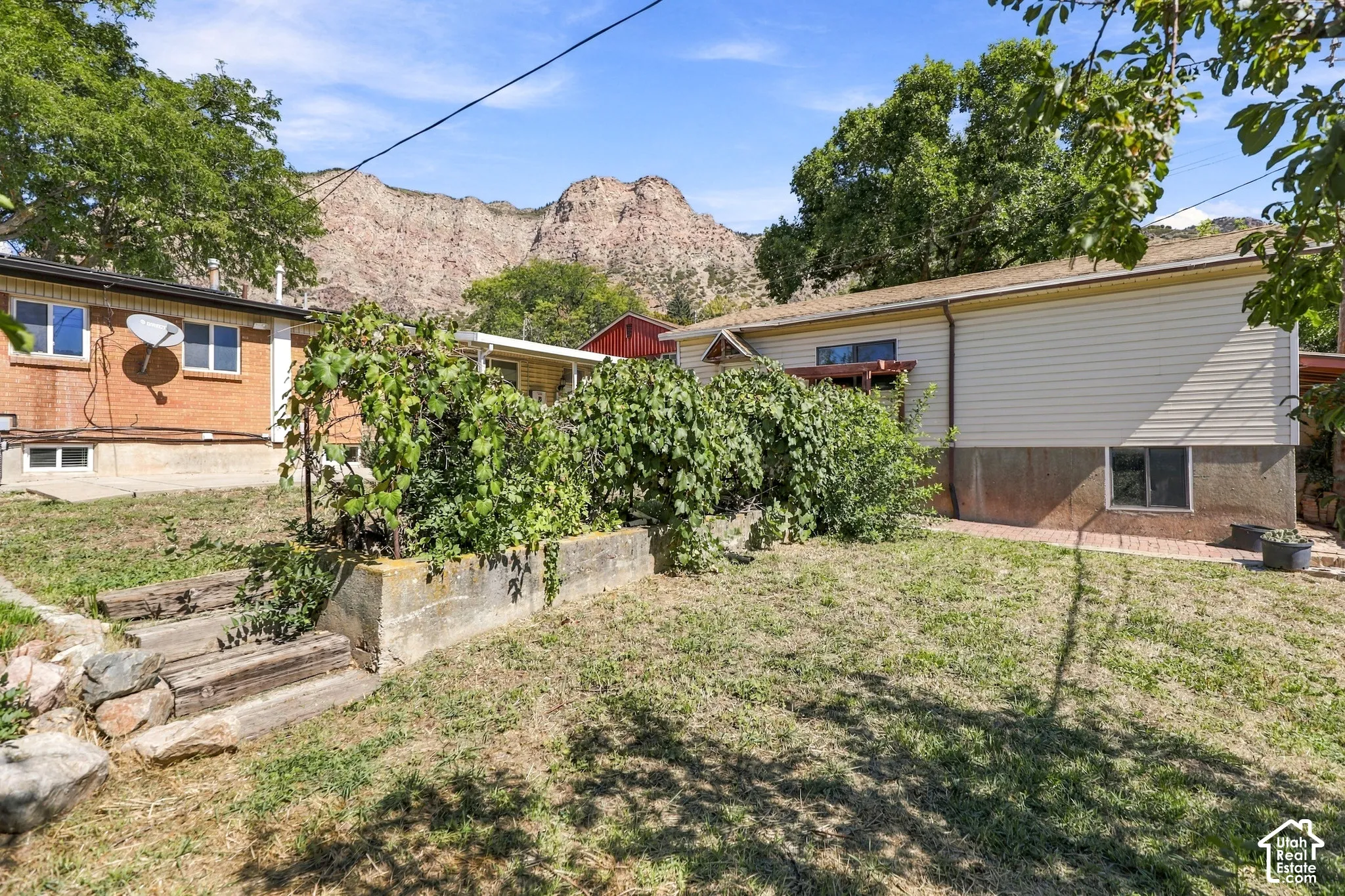 Expansive backyard with a concrete retaining wall, mature trees, and a mountain backdrop