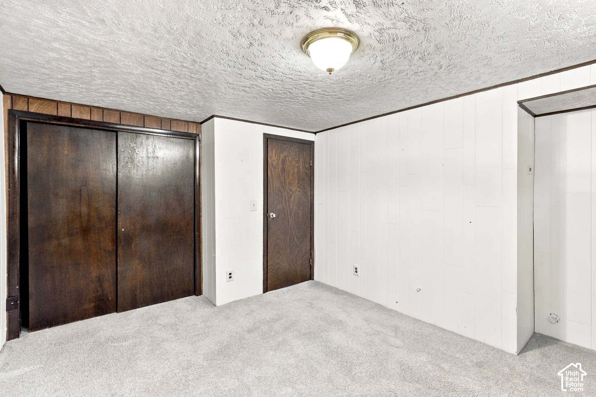 Light gray carpeting, wood-paneled accent wall, white textured wall paneling, flush mount ceiling light, and dark wood doors