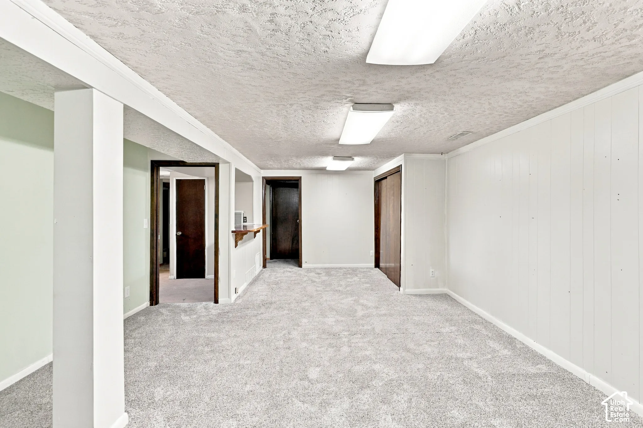 Spacious carpeted area with white paneled walls, recessed lighting, and multiple dark wood-finish doors