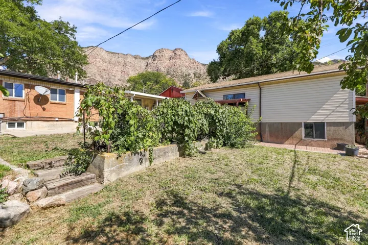 Expansive backyard with a concrete retaining wall, mature trees, and a mountain backdrop
