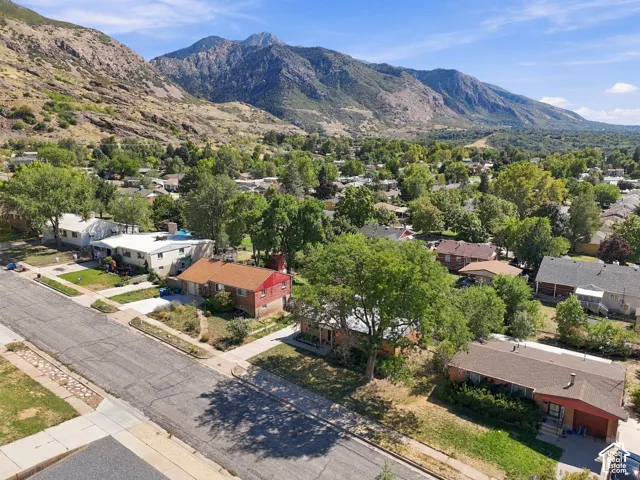 Residential neighborhood with a mountainous backdrop and mature trees