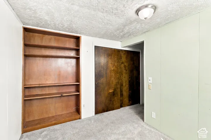 Built-in wood-finish shelving with multiple tiers, carpet flooring, and a flush mount ceiling light