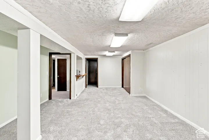 Spacious carpeted area with white paneled walls, recessed lighting, and multiple dark wood-finish doors