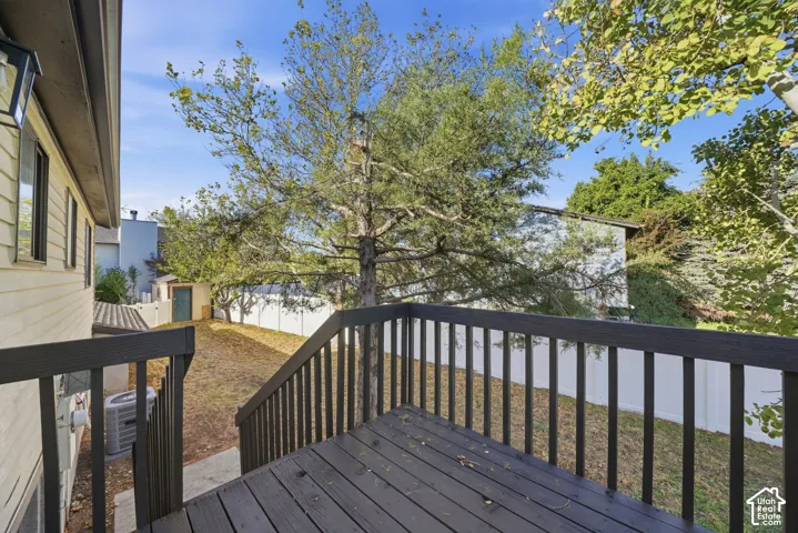 Wood-finish deck with dark railings