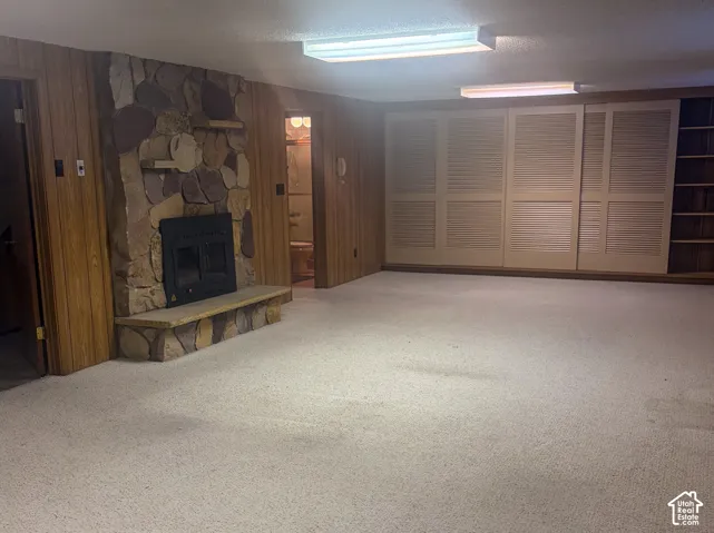 Carpeted flooring with wood paneling and a stone-faced fireplace