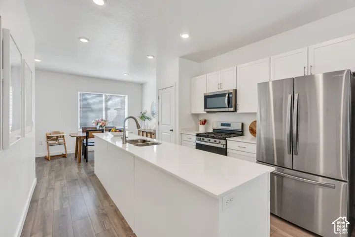 Modern kitchen featuring a white island with an undermount sink, stainless steel appliances, white cabinetry, and wood-finish flooring