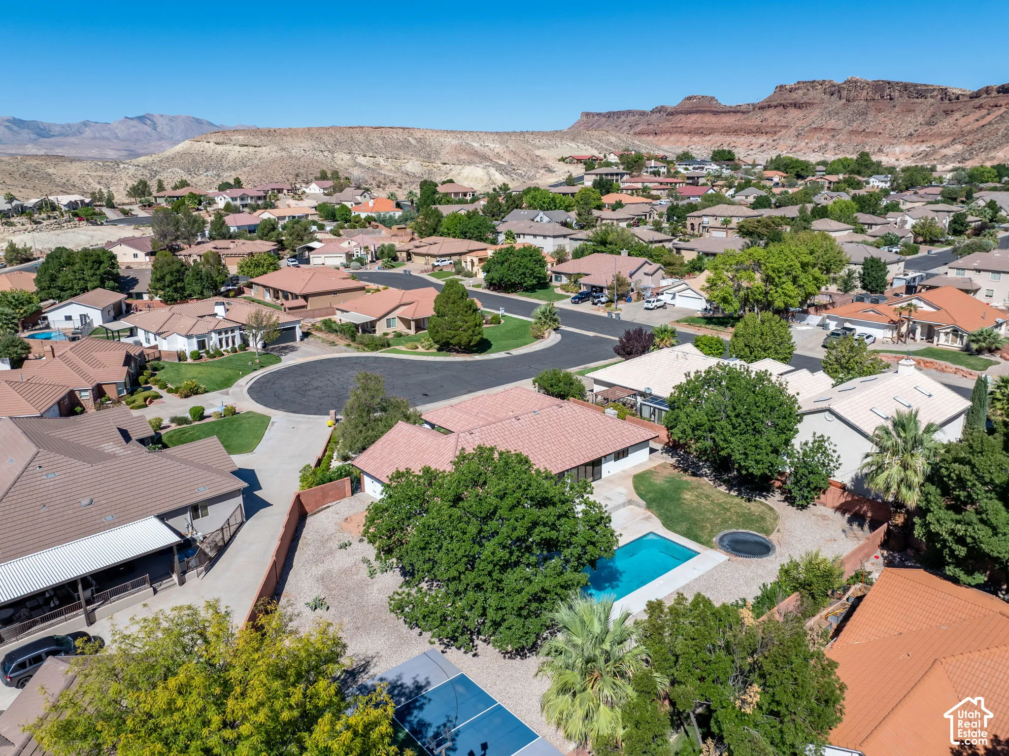 Residential neighborhood featuring a cul-de-sac and mountain backdrop