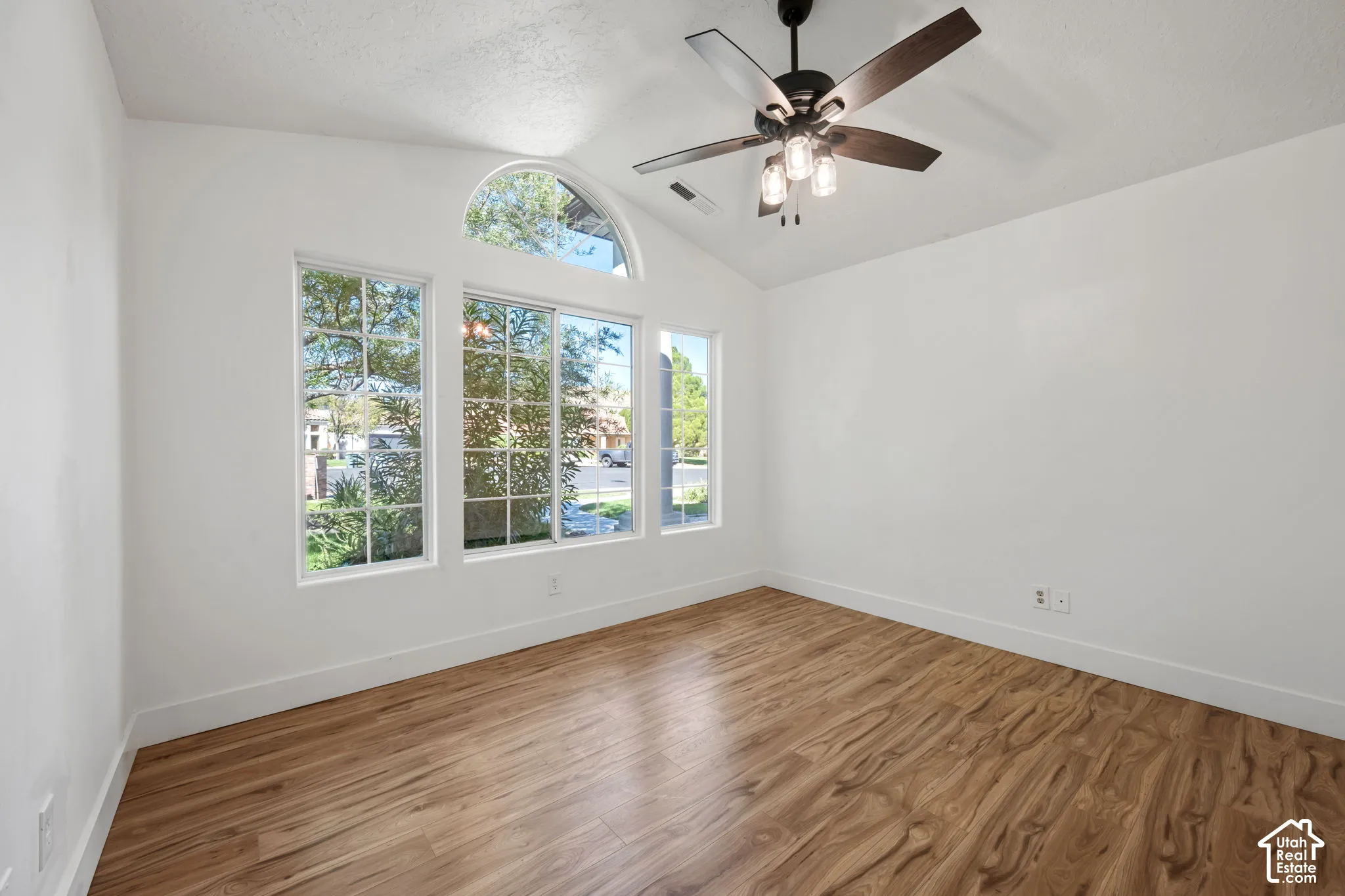 Vaulted ceiling, wood-finish flooring, ceiling fan with light fixture, large arched window, multiple pane windows