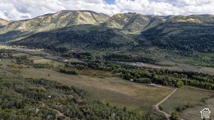 Mountainous terrain with extensive forested areas and open fields