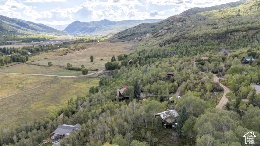 Mountain terrain with a valley, scattered properties, and natural foliage